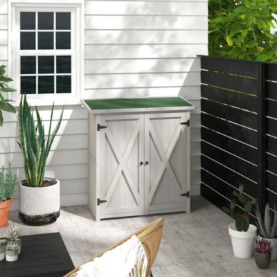 Abri de jardin armoire de jardin sur pied dim. 110L x 55l x 117H cm 2 étagères 2 portes toit bitumé bois sapin gris clair