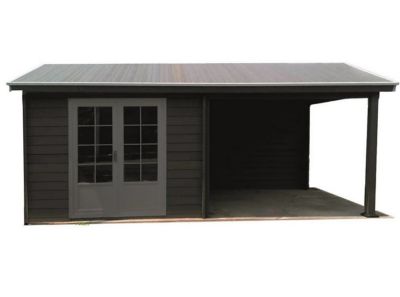 Abri de jardin + auvent Green Outside toit 2 pentes en composite coloris gris ép.28 mm surface extérieure 18,5 m²