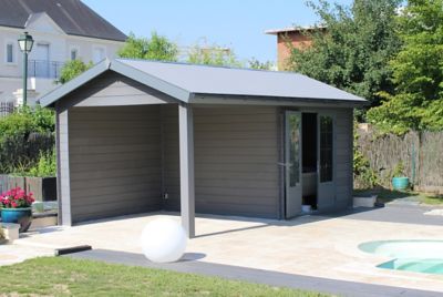 Abri de jardin + auvent Green Outside toit 2 pentes en composite coloris gris ép.28 mm surface extérieure 18,5 m²