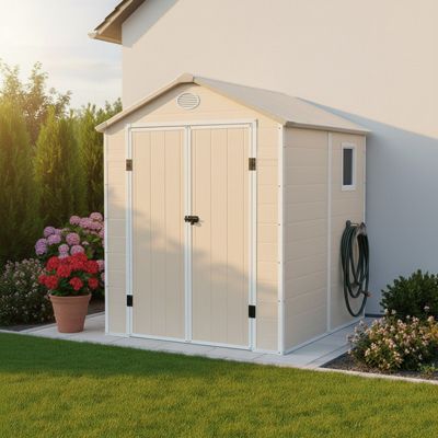 Abri de jardin beige en résine 3,65m² avec double porte et fenêtre - Jôbu