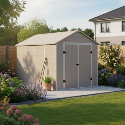 Abri de jardin beige en résine 8,90m² avec double porte et fenêtre - Jôbu