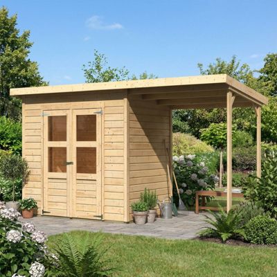 Abri de jardin bois brut 3,3m² Karibu Merseburg 3 avec double porte, appentis et embase traitée autoclave