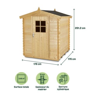 Abri de jardin bois coloris naturel ép.19 mm surface totale 3,46 m², Klikstrom Mokau