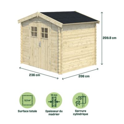 Abri de jardin bois coloris naturel ép.19 mm surface totale 5,3 m², Klikstrom Mokau