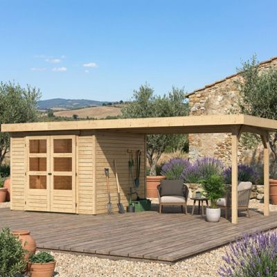 Abri de jardin bois massif 19mm Karibu Askola 3,5 avec appentis 280cm 5,95m² naturel