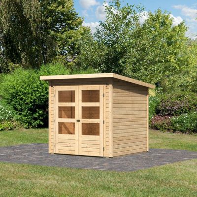 Abri de jardin bois massif 3,46m² Karibu Stockach 2, double porte vitrée, toit plat, naturel