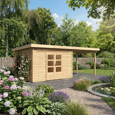 Abri de jardin bois massif épicéa 8,88m² avec appentis 320cm toit plat Karibu Kandern 7 naturel