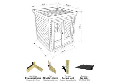 ABRI DE JARDIN bois Pin autoclave 27mm - 2,14x2,14m / 4,6m2 - Bac acier - Plancher bois