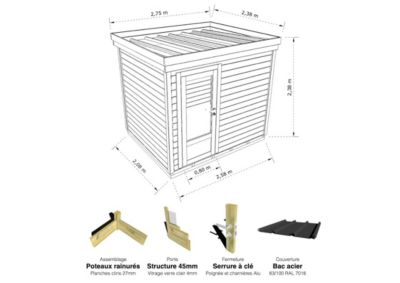 ABRI DE JARDIN bois Pin autoclave 27mm - 2,64x2,14m / 5,7m2 - Bac acier - Plancher bois