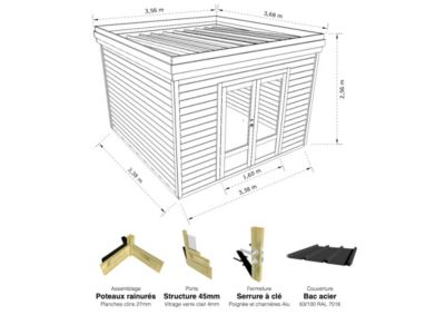 ABRI DE JARDIN bois Pin autoclave 27mm - 3,44x3,44m / 11,8m2 - Bac acier - Plancher bois