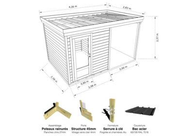 ABRI DE JARDIN bois Pin autoclave 27mm - 4,14x2,64m / 10,9m2 - Bac acier - Plancher bois