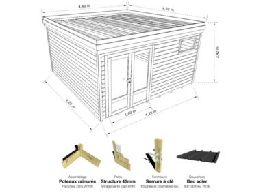 ABRI DE JARDIN bois Pin autoclave 27mm - 4,34x4,34m / 18,8m2 - Bac acier - Plancher bois