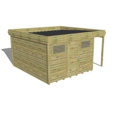 ABRI DE JARDIN bois Pin autoclave 27mm - 4,44x4,34m / 19,3m2 - Bac acier - Plancher bois