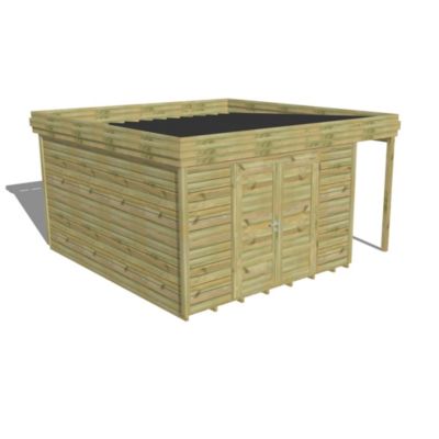 ABRI DE JARDIN bois Pin autoclave 27mm - 4,44x4,34m / 19,3m2 - Bac acier - Plancher bois