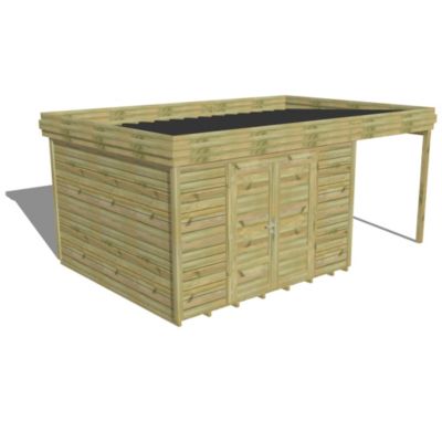 ABRI DE JARDIN bois Pin autoclave 27mm - 5,44x3,44m / 18,7m2 - Bac acier - Plancher bois