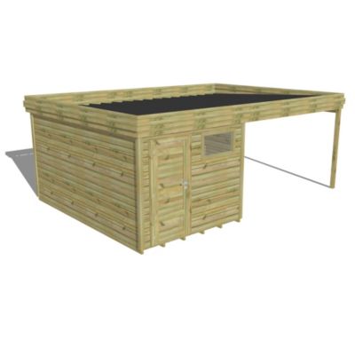 ABRI DE JARDIN bois Pin autoclave 27mm - 6,14x4,34m / 26,7m2 - Bac acier - Plancher bois