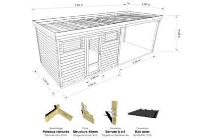 ABRI DE JARDIN bois Pin autoclave 27mm - 6,94x2,64m / 18,3m2 - Bac acier - Plancher bois