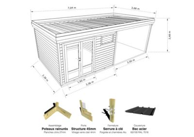 ABRI DE JARDIN bois Pin autoclave 27mm - 6,94x3,44m / 23,9m2 - Bac acier - Plancher bois