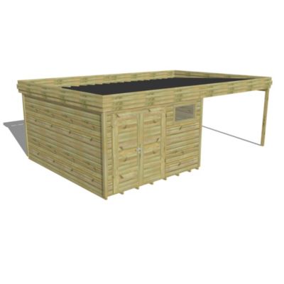 ABRI DE JARDIN bois Pin autoclave 27mm - 6,94x4,34m / 30,1m2 - Bac acier - Plancher bois