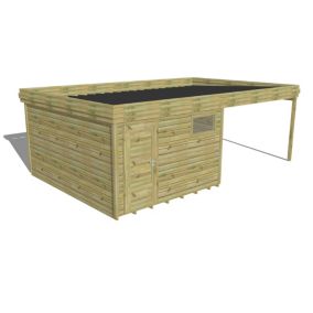 ABRI DE JARDIN bois Pin autoclave 27mm - 6,94x4,34m / 30,1m2 - Bac acier - Plancher bois