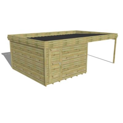 ABRI DE JARDIN bois Pin autoclave 27mm - 6,94x4,34m / 30,1m2 - Bac acier - Plancher bois