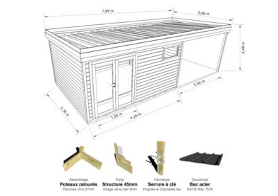 ABRI DE JARDIN bois Pin autoclave 27mm - 7,84x3,44m / 27m2 - Bac acier - Plancher bois