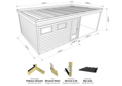 ABRI DE JARDIN bois Pin autoclave 27mm - 7,84x4,34m / 34m2 - Bac acier - Plancher bois