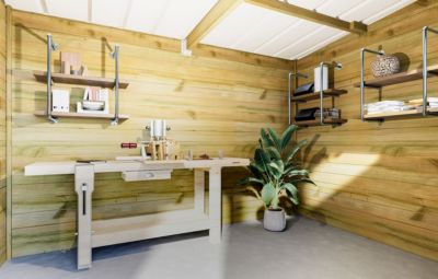 ABRI DE JARDIN bois Pin traité autoclave 27mm - 3,44x2,64m / 9,1m2 - Bac acier - Plancher bois