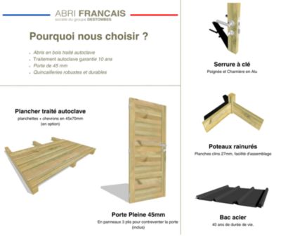 ABRI DE JARDIN bois Pin traité autoclave 27mm - 4,34x2,64m / 11m2 - Bac acier - Abri Français