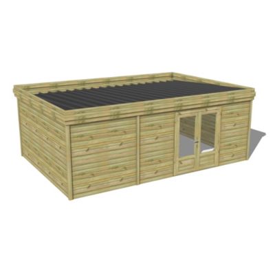 ABRI DE JARDIN bois Pin traité autoclave 27mm - 6,395x4,34m / 27,8m2 - Bac acier - Abri Français