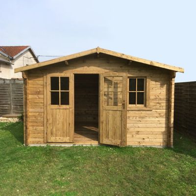 Abri de jardin bois traité 11,86m² Gardy Shelter 28mm - Marron, toit voliges 20mm