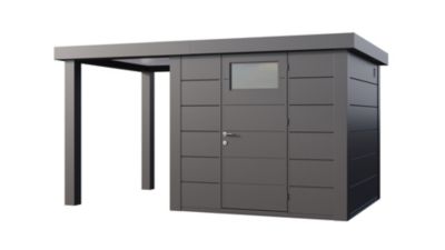 Abri de jardin en acier anthracite de 5,7 m² Classico 2424 avec toit plat et auvent small de 4m² - TELLURIA