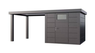 Abri de jardin en acier de 5,7 m² anthracite à porte simple CLASSICO 2424 avec auvent large 6,8 m² ouvert - TELLURIA