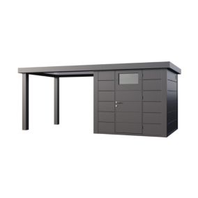 Abri de jardin en acier de 5,7 m² anthracite à porte simple CLASSICO 2424 avec auvent large 6,8 m² ouvert - TELLURIA