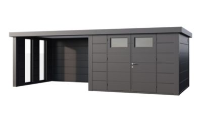 Abri de jardin en acier de 8,9 m² anthracite CLASSICO 3030 avec auvent 10,2 m² large fermé et 2 fenêtres - TELLURIA