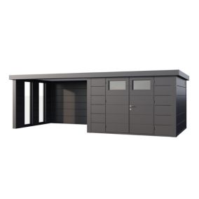 Abri de jardin en acier de 8,9 m² anthracite CLASSICO 3030 avec auvent 10,2 m² large fermé et 2 fenêtres - TELLURIA