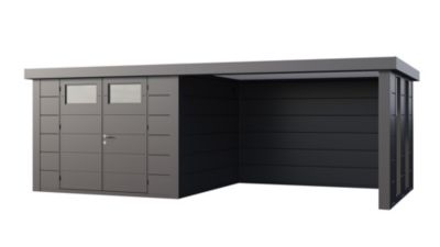 Abri de jardin en acier de 8,9 m² anthracite CLASSICO 3030 avec auvent de 10,2 m² large fermé et 2 fenêtres - TELLURIA