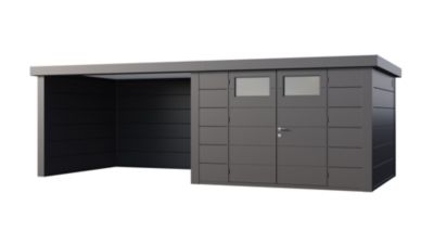 Abri de jardin en acier de 8,9 m² anthracite Classico 3030 avec auvent de 10,2 m² large fermé - TELLURIA