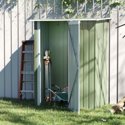 Abri de jardin en acier vert avec porte et toit incliné