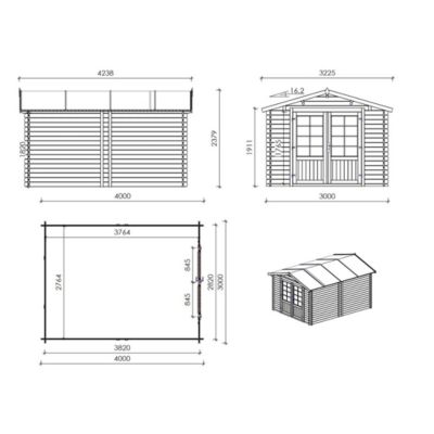 Abri de jardin en bois - 12m2 - 3x4m - Ep. 28mm - Couleur: naturel - DOM661