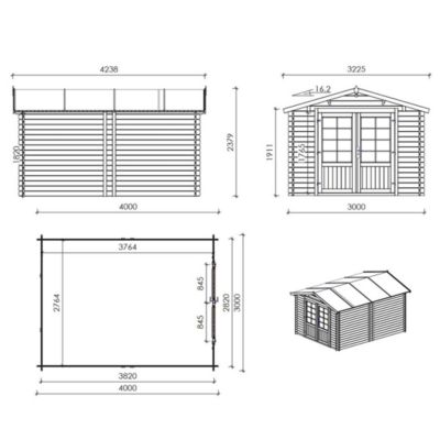 Abri de jardin en bois - 12m2 - 3x4m - Ep. 28mm - Couleur: naturel - DOM661