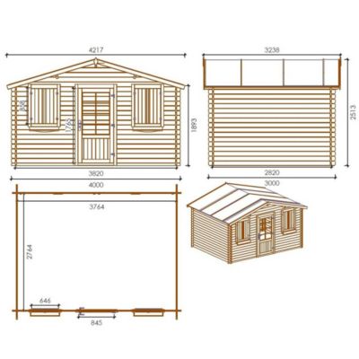 Abri de jardin en bois - 12m2 - 4x3m - Ep. 28mm - Couleur: naturel - DOM137
