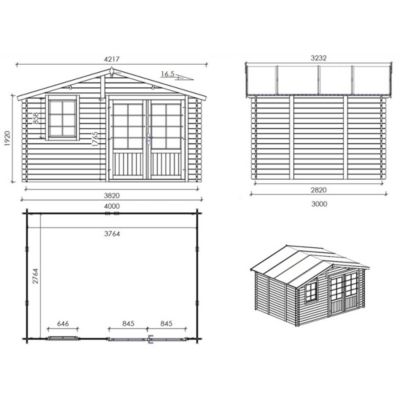 Abri de jardin en bois - 12m2 - 4x3m - Ep. 28mm - Couleur: naturel - DOM710
