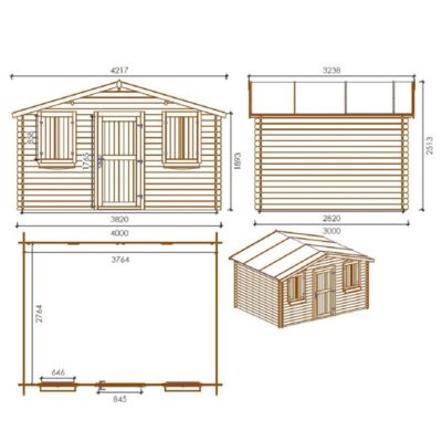 Abri de jardin en bois - 12m2 - 4x3m - Traité - Ep. 28mm - Couleur: marron - DOM418
