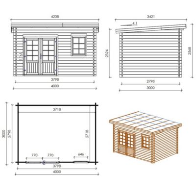 Abri de jardin en bois - 12m2 - 4x3m - Traité - Ep. 40mm - Couleur: vert - DOM717