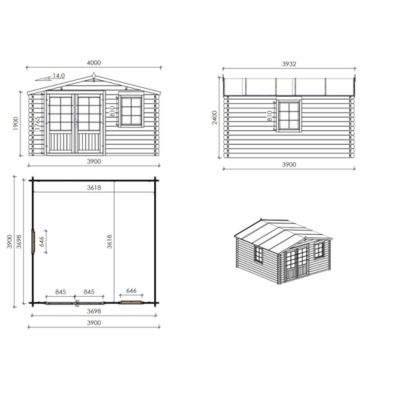 Abri de jardin en bois - 15.21m2 - 3.9x3.9m - Ep. 40mm - Couleur: naturel - DOM658