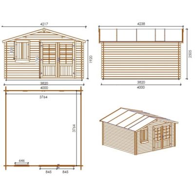 Abri de jardin en bois - 16m2 - 4x4m - Ep. 28mm - Couleur: naturel - DOM130