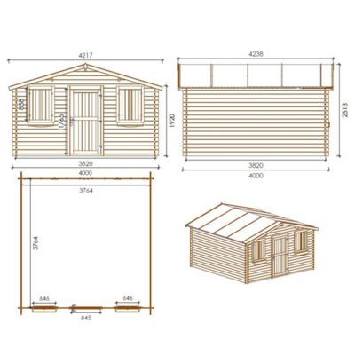 Abri de jardin en bois - 16m2 - 4x4m - Traité - Ep. 28mm - Couleur: marron - DOM144