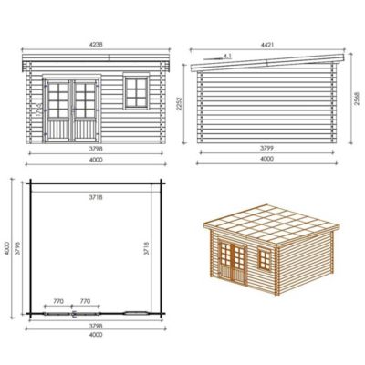 Abri de jardin en bois - 16m2 - 4x4m - Traité - Ep. 40mm - Couleur: vert - DOM716
