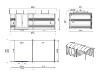Abri de jardin en bois - 17.4m2 - 5.79x3m - Ep. 28mm - Couleur: naturel - DOM640